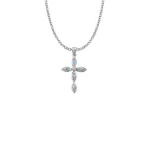 1-1/8 Inch Sterling Silver Pointed Oval Ends Cross Necklace with Opal Stones