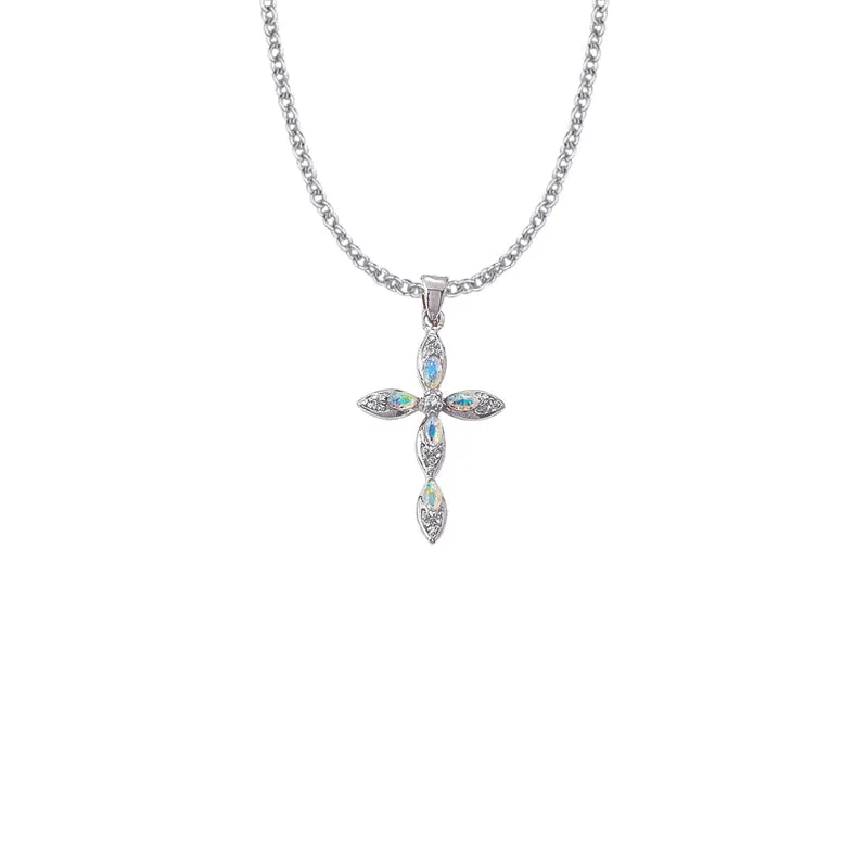1-1/8 Inch Sterling Silver Pointed Oval Ends Cross Necklace with Opal Stones