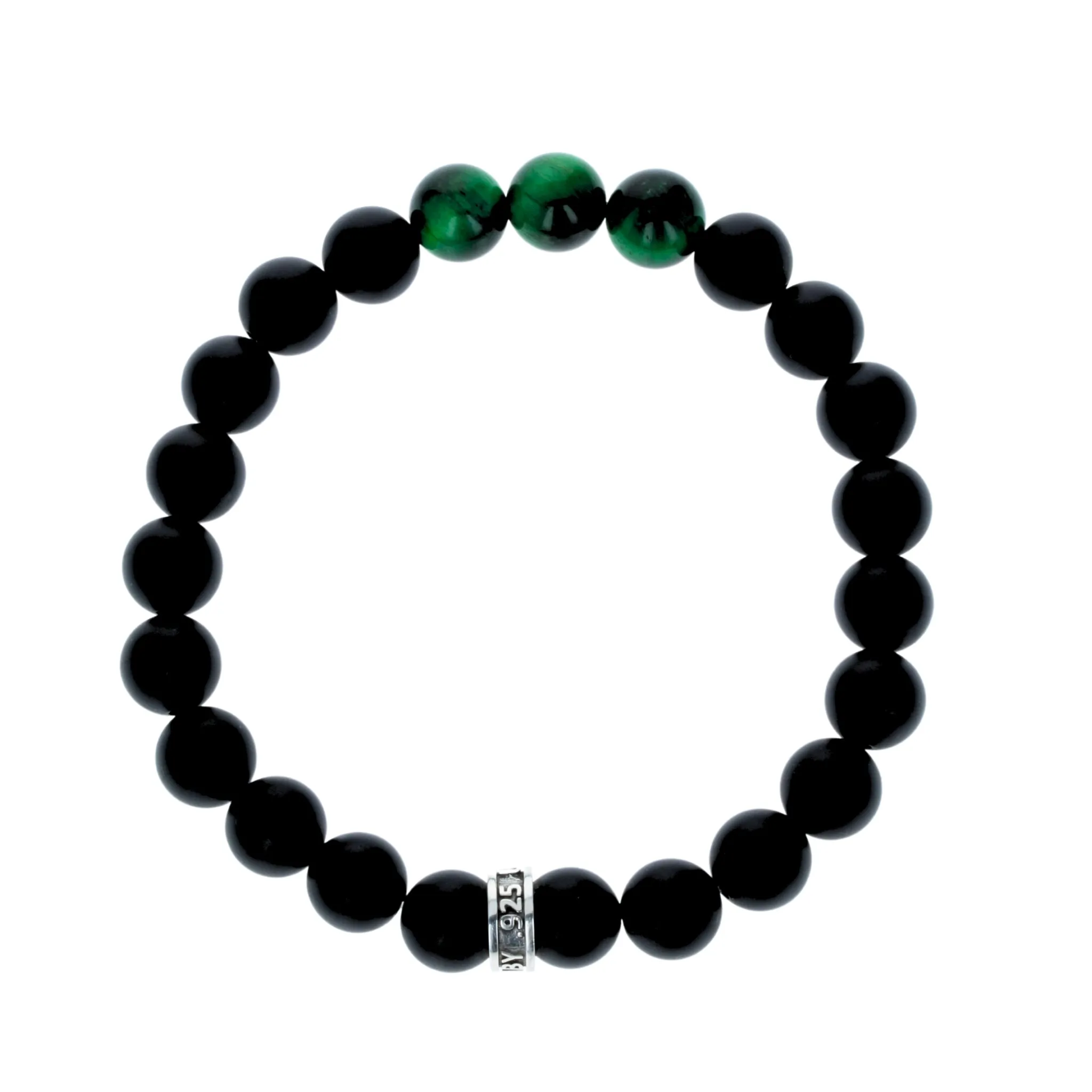 10mm Onyx Bead Bracelet w/ Three Green Tiger Eye Beads & Logo Ring
