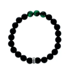 10mm Onyx Bead Bracelet w/ Three Green Tiger Eye Beads & Logo Ring