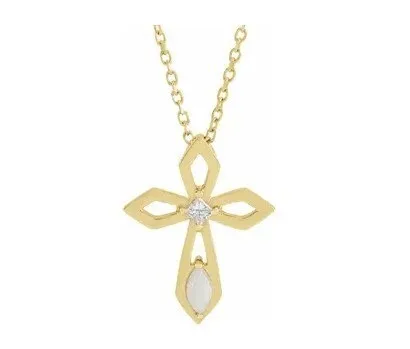 14K Yellow Opal & Diamond Pierced Cross 16-18" Necklace