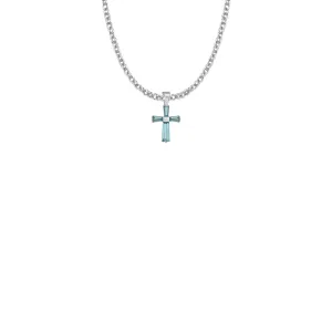 5/8 Inch Sterling Silver and Glass Crystal March Birthstone Baguette Cross Necklace