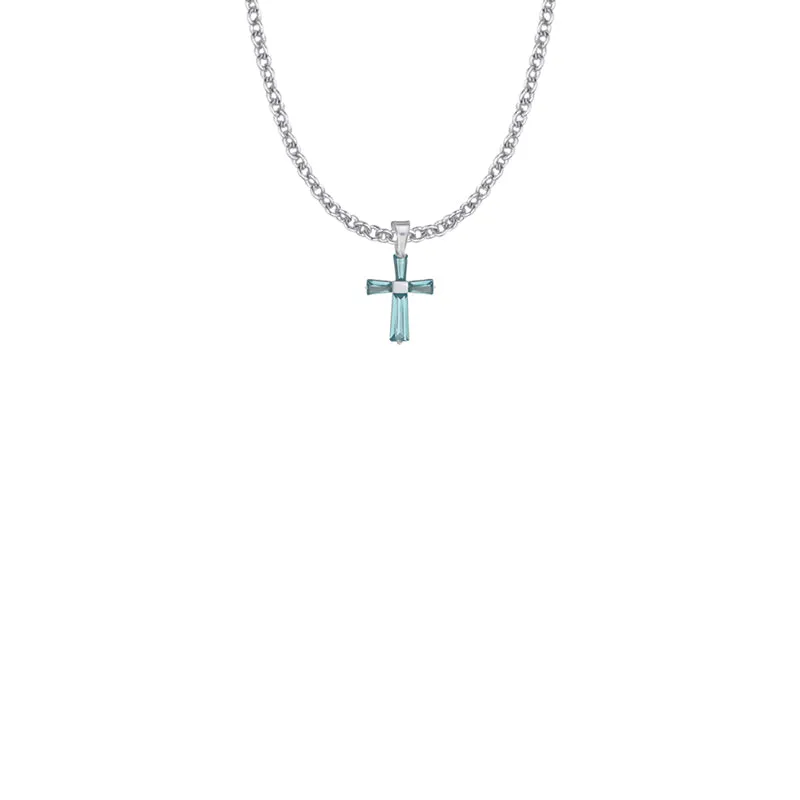 5/8 Inch Sterling Silver and Glass Crystal March Birthstone Baguette Cross Necklace
