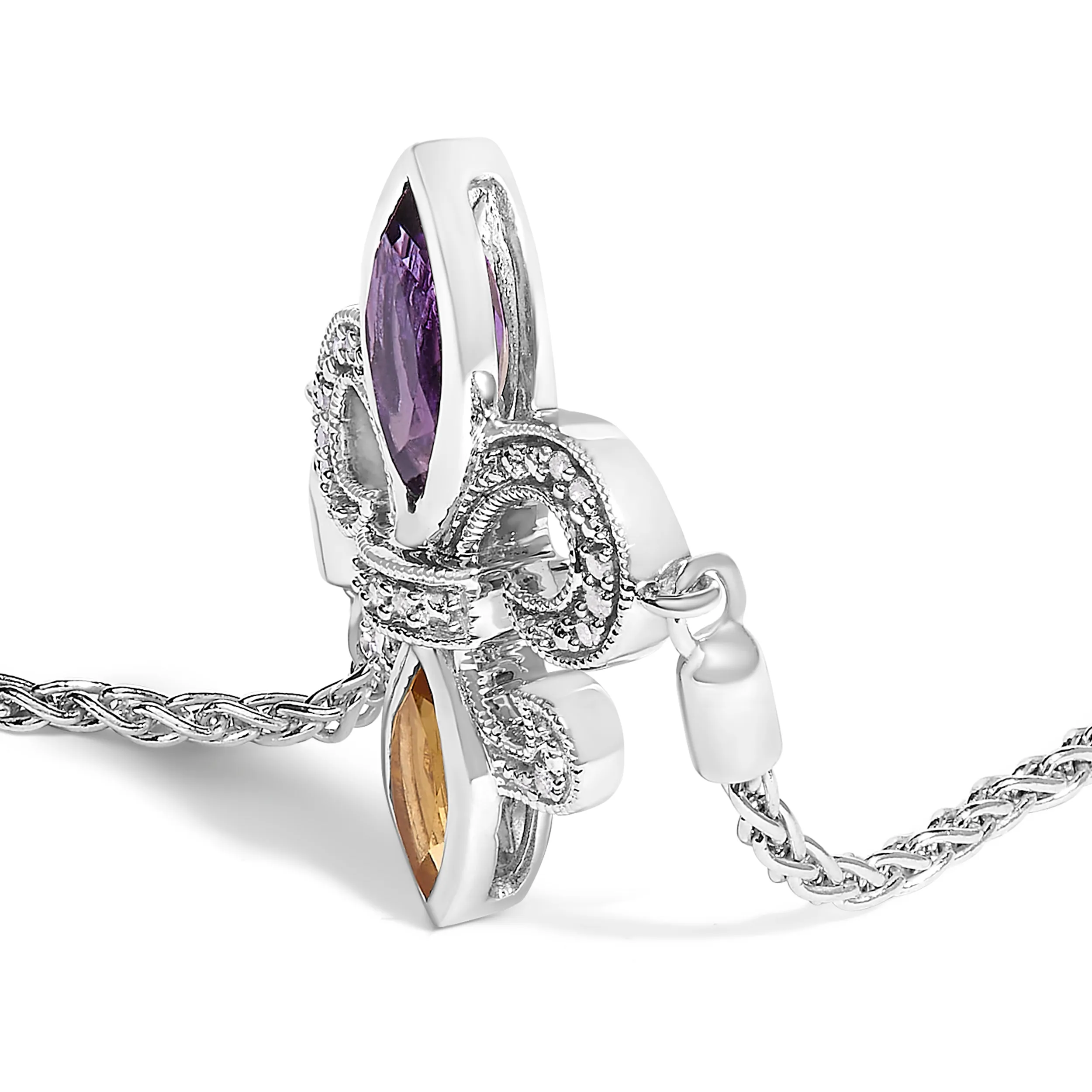 .925 Sterling Silver Marquise Purple Amethyst, Orange Citrine, and Diamond Accent