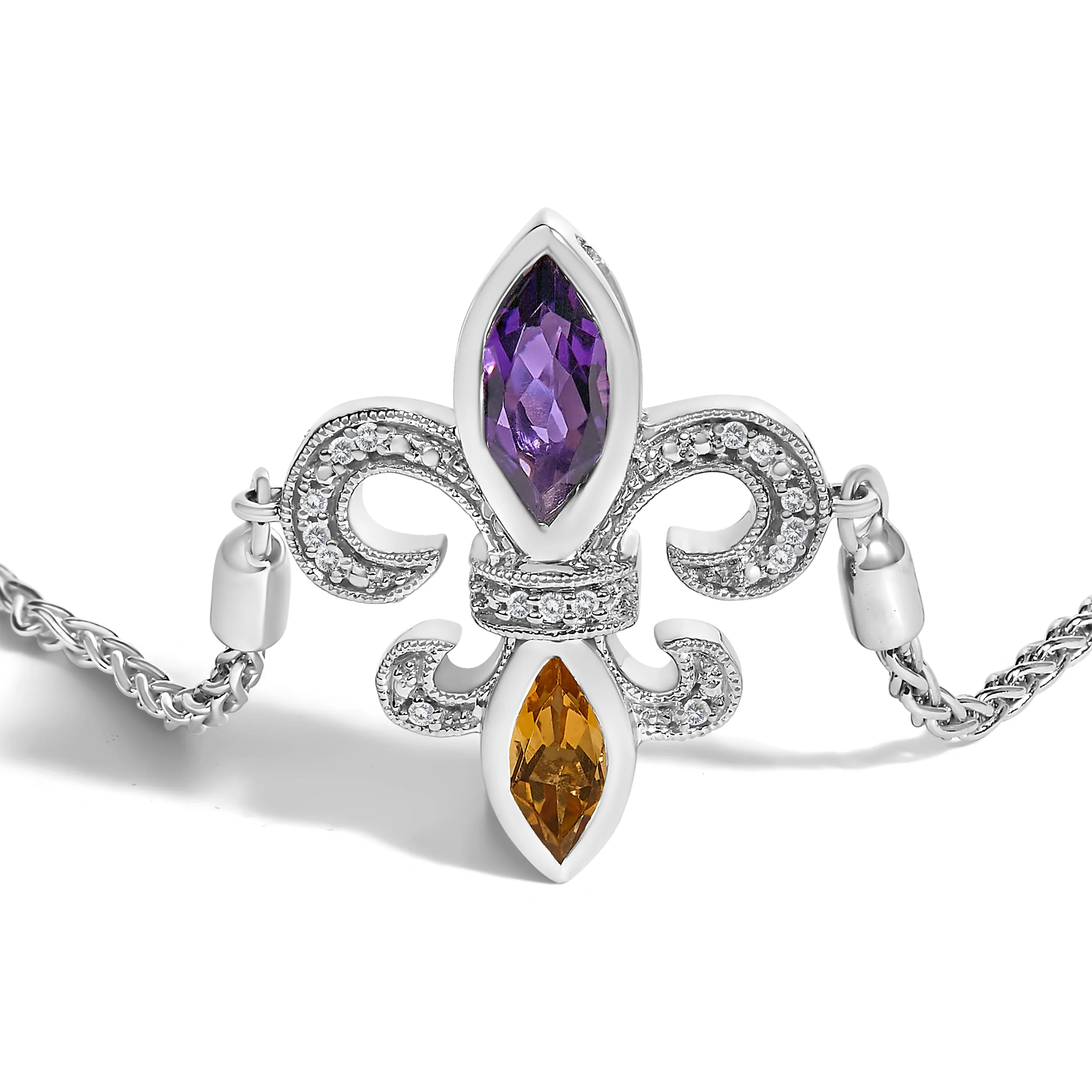 .925 Sterling Silver Marquise Purple Amethyst, Orange Citrine, and Diamond Accent