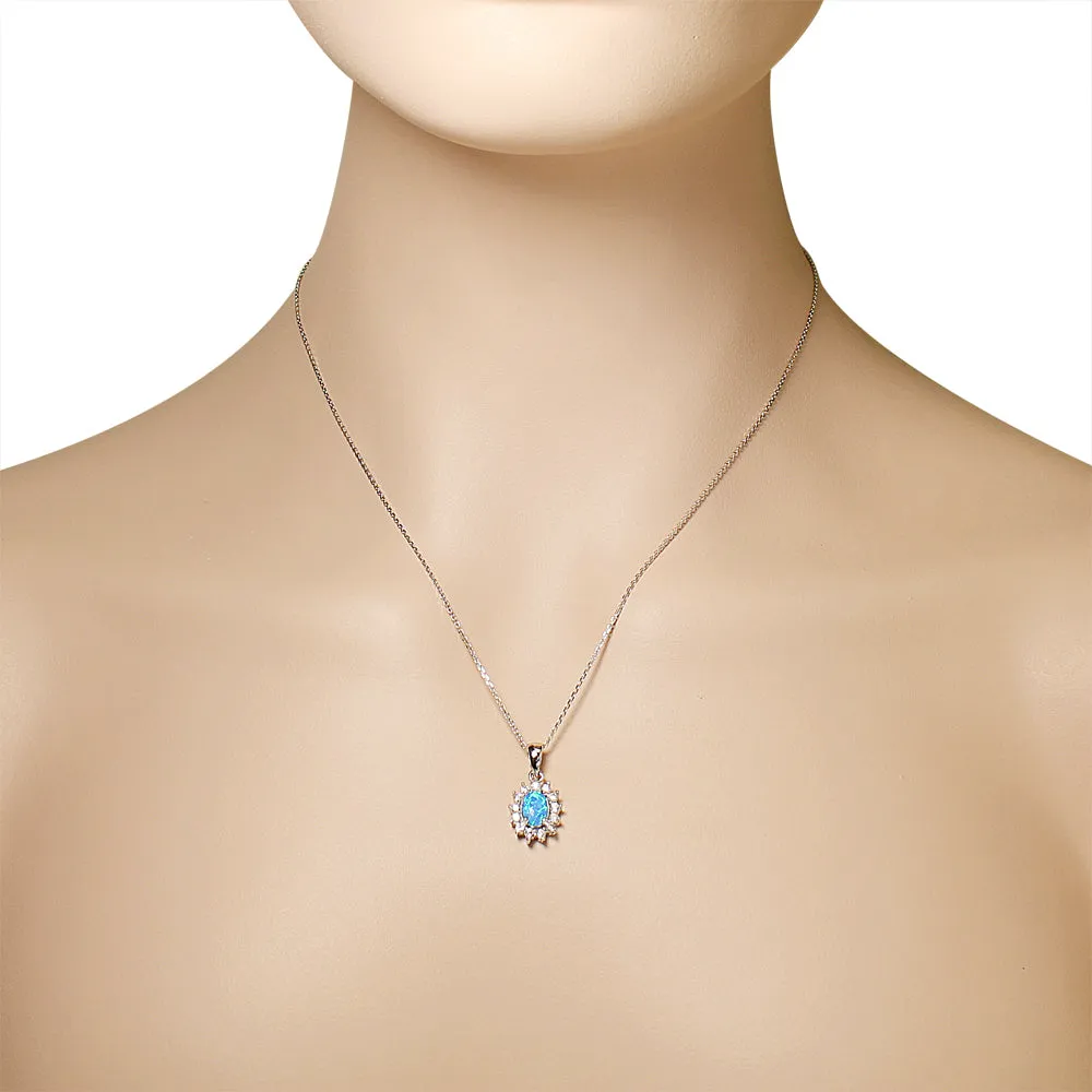 925 Sterling Silver Oval CZ Blue Turquoise-Tone Simulated Opal Pendant Necklace