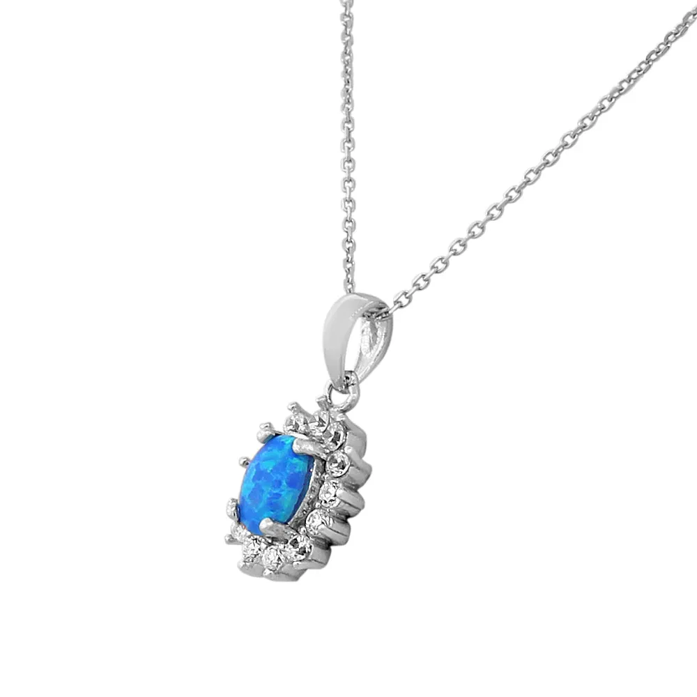 925 Sterling Silver Oval CZ Blue Turquoise-Tone Simulated Opal Pendant Necklace