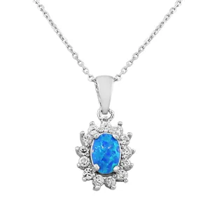 925 Sterling Silver Oval CZ Blue Turquoise-Tone Simulated Opal Pendant Necklace