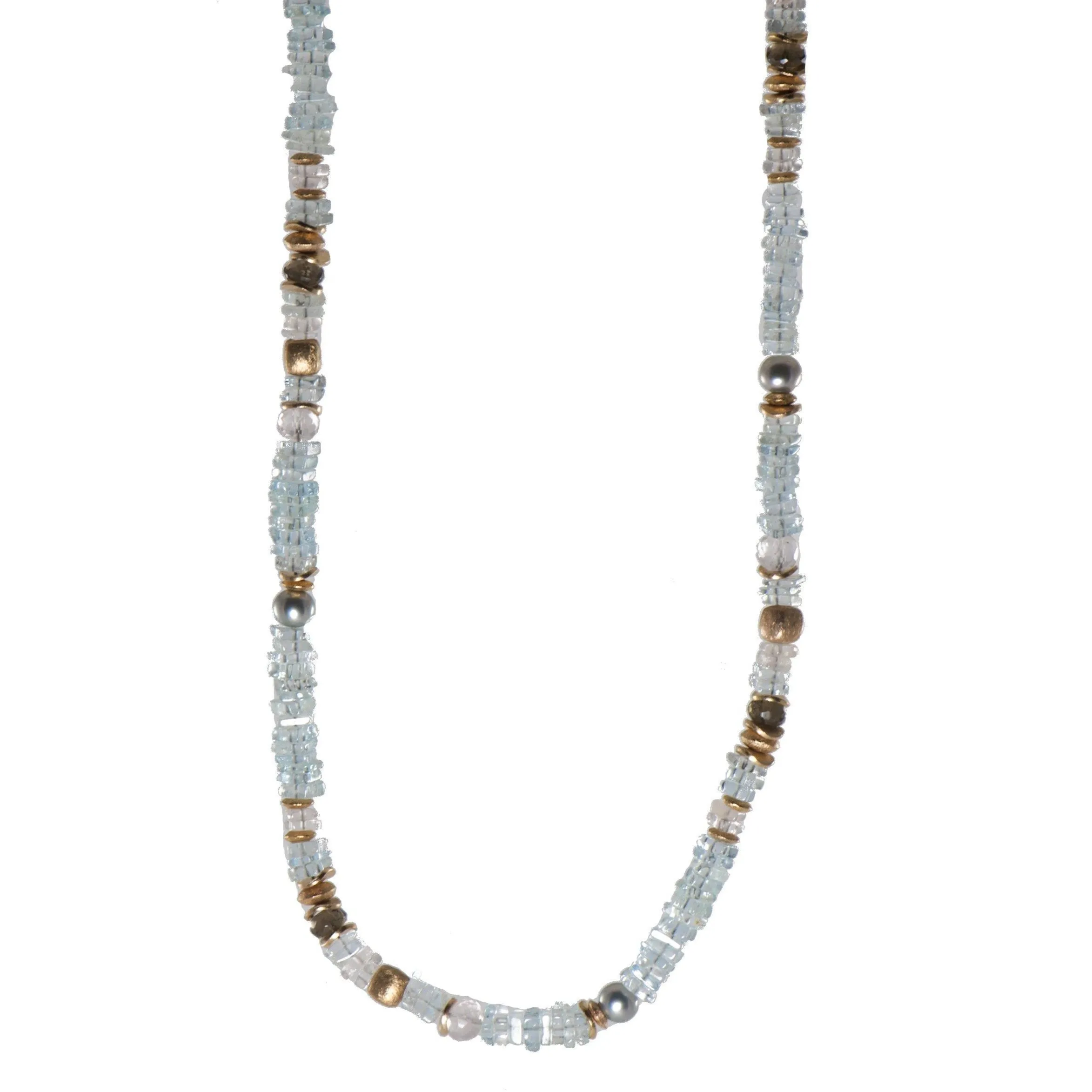Aquamarine Chips, Rose Quartz, Smoky Quartz and Pearls 5mm Necklace 24K Fair Trade Gold Vermeil
