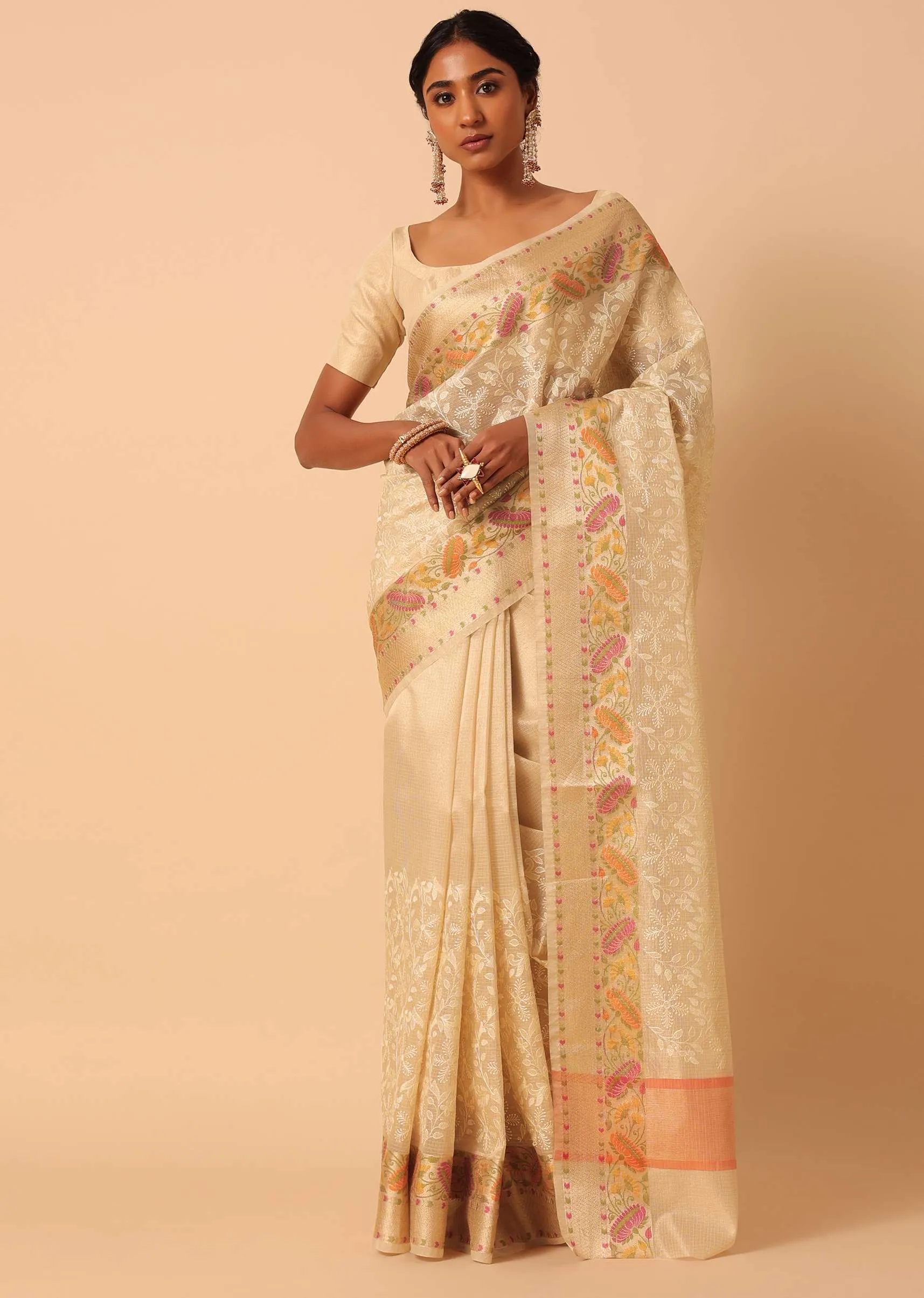 Beige Saree In Kora Silk With Floral Motif Multicolor Thread Work And Unstitched Blouse Piece