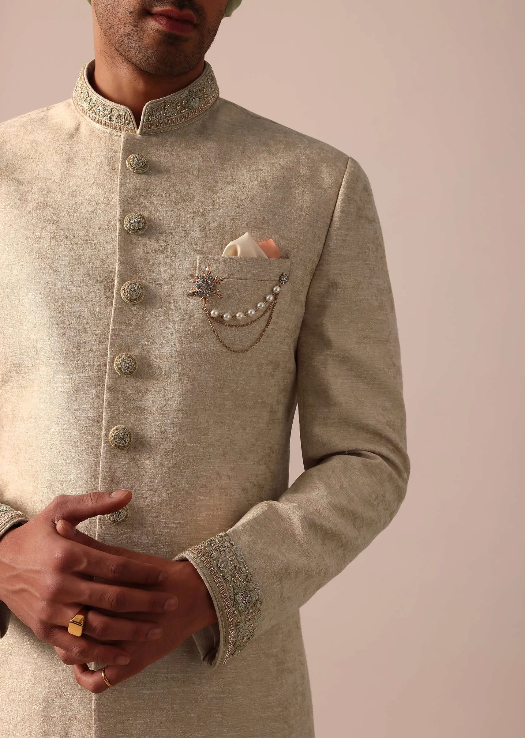 Golden Sherwani Set With Exquisite Embroidery Work