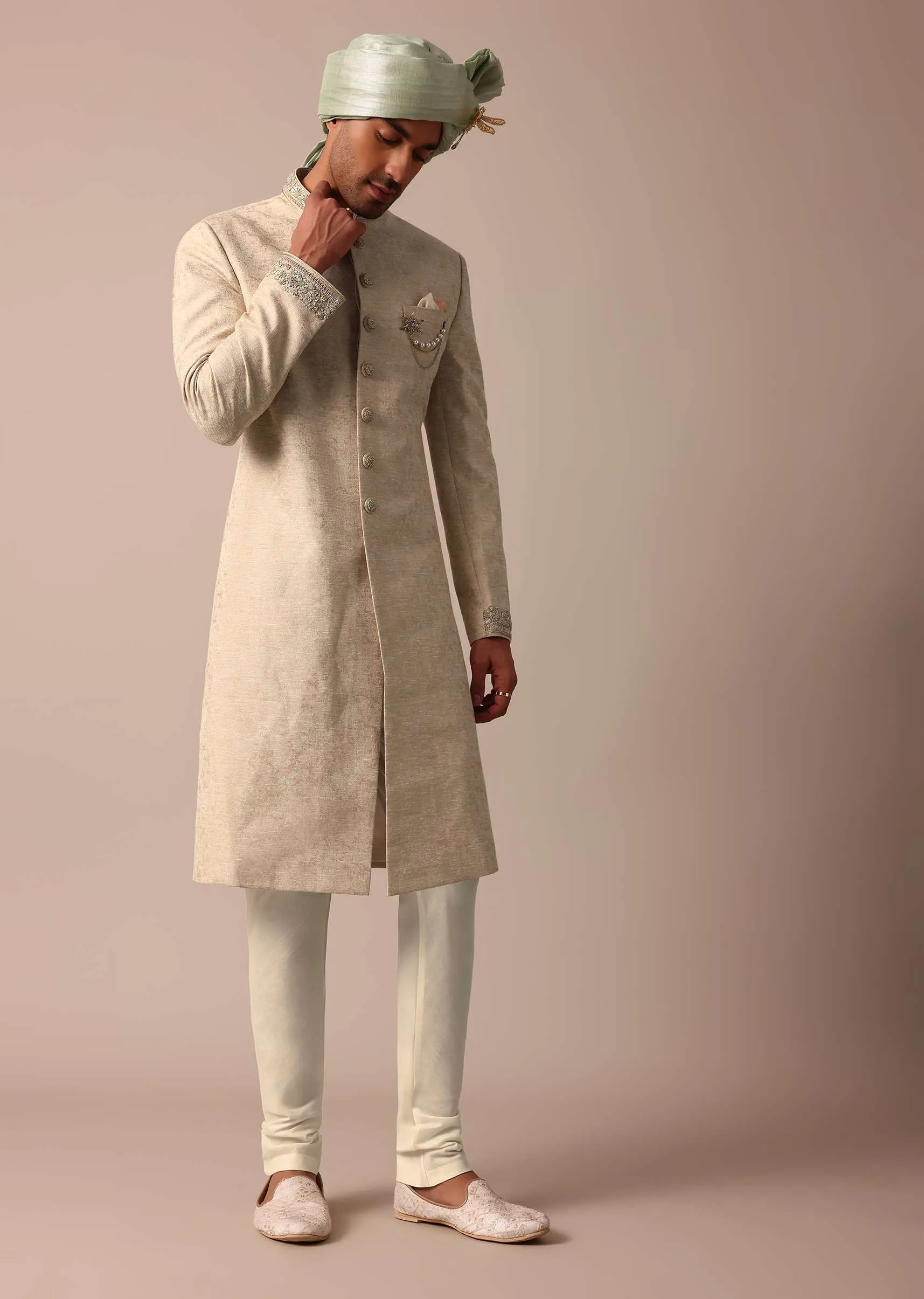 Golden Sherwani Set With Exquisite Embroidery Work