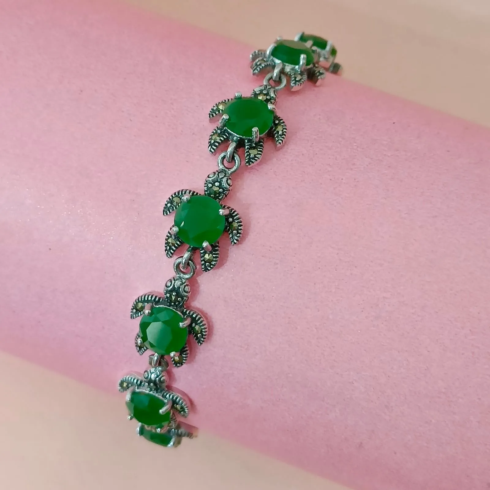 Marcasite Emerald Tortoise Silver Bracelet