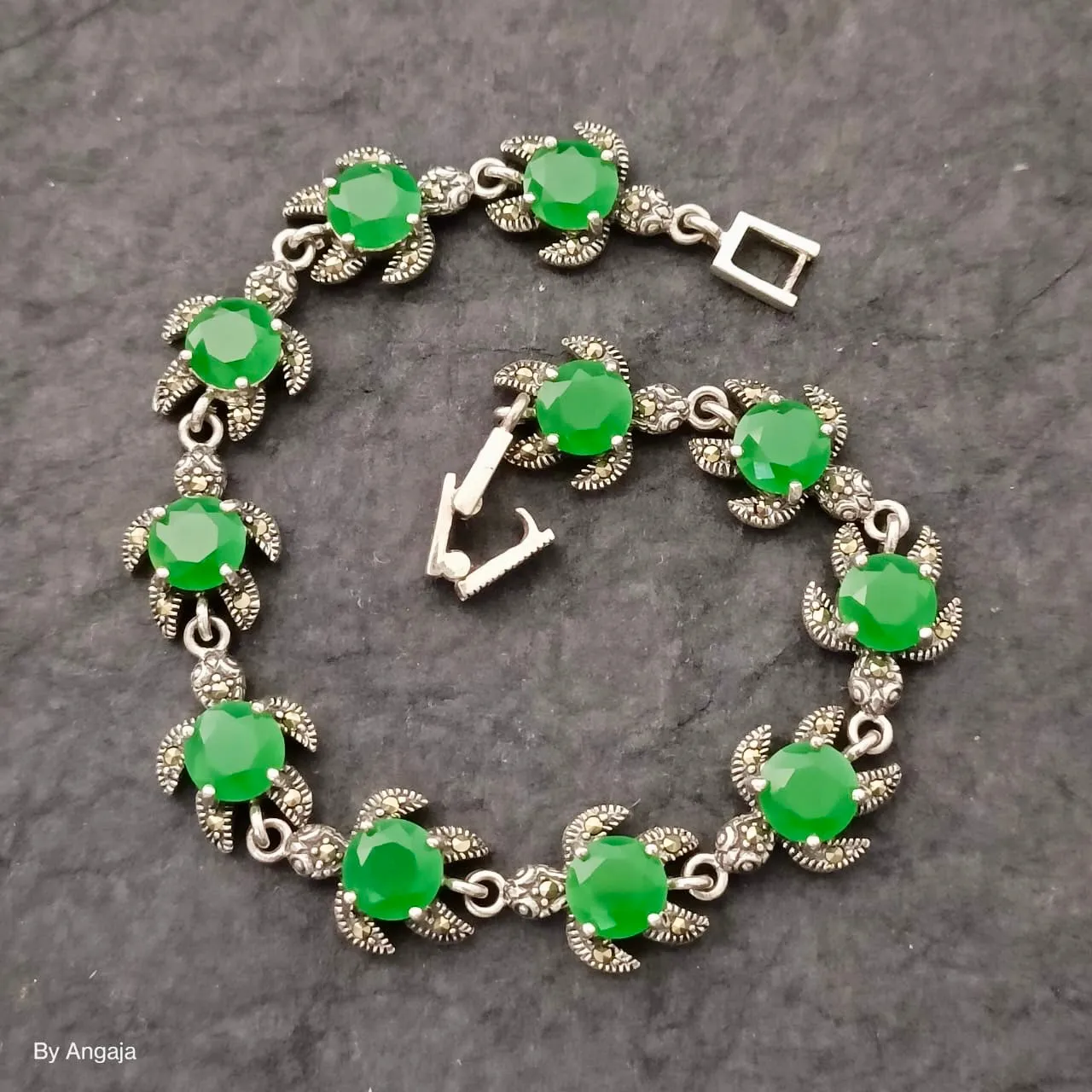 Marcasite Emerald Tortoise Silver Bracelet