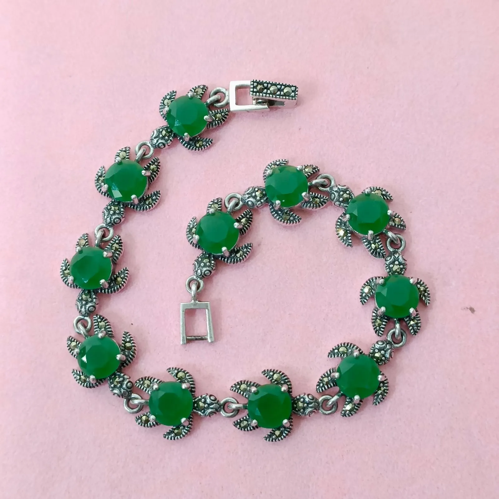 Marcasite Emerald Tortoise Silver Bracelet