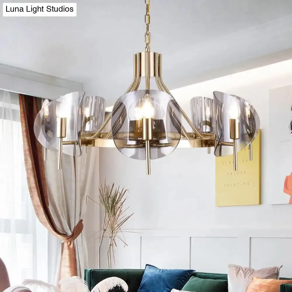 Mid-Century Curved Glass Chandelier Lamp - Open Bulb Design, Gold Hanging 6/8-Bulb Fixture