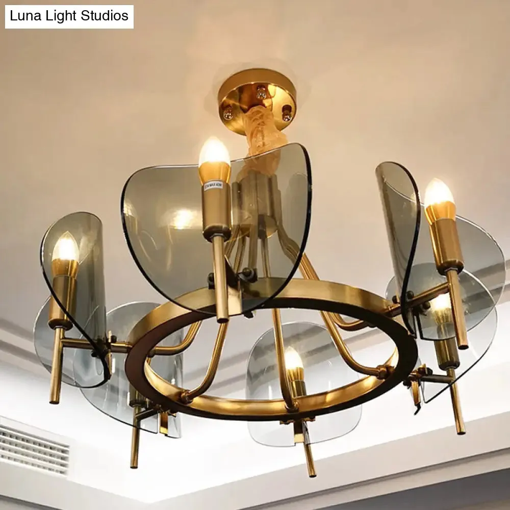 Mid-Century Curved Glass Chandelier Lamp - Open Bulb Design, Gold Hanging 6/8-Bulb Fixture