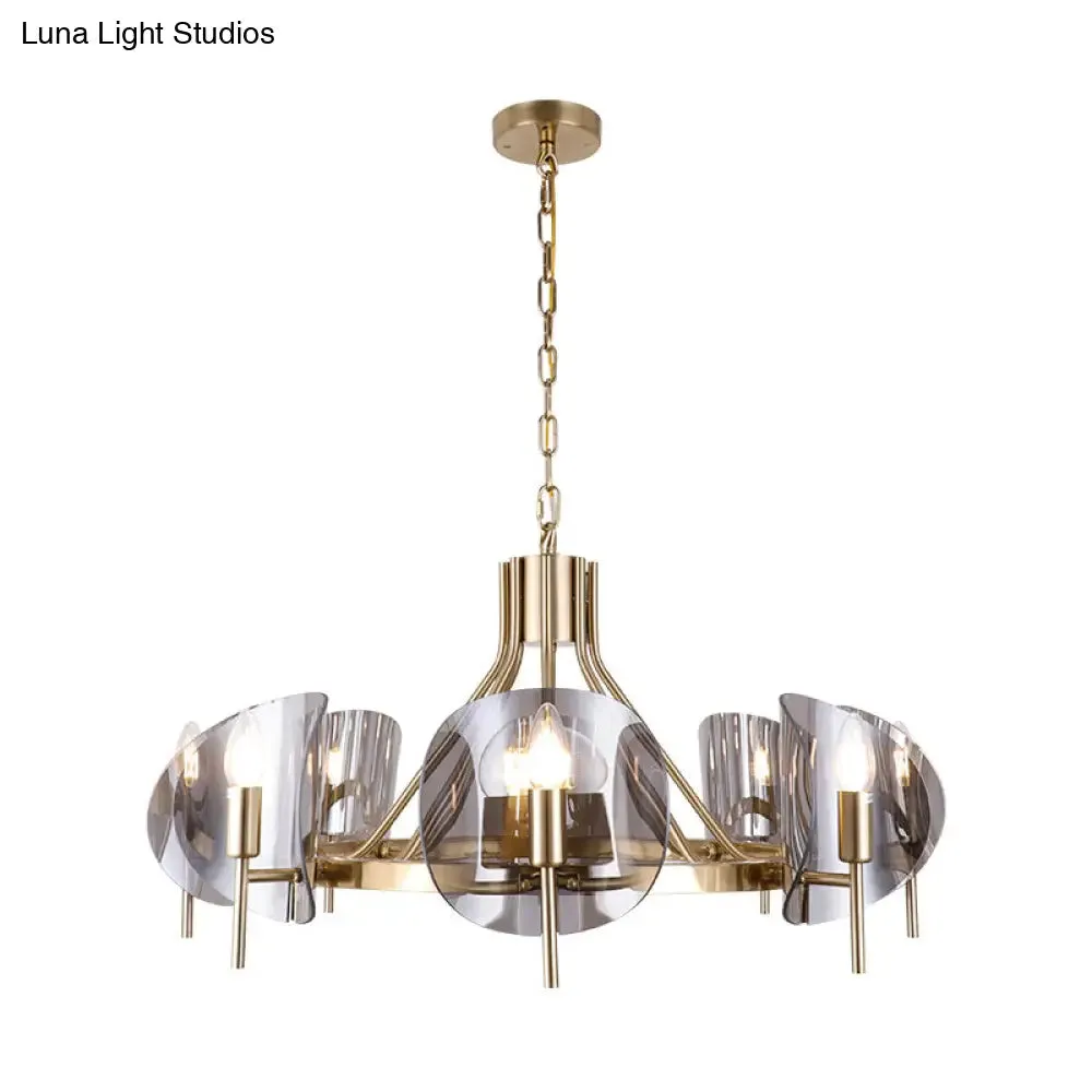 Mid-Century Curved Glass Chandelier Lamp - Open Bulb Design, Gold Hanging 6/8-Bulb Fixture
