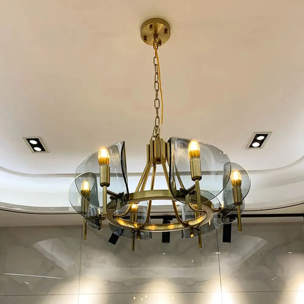 Mid-Century Curved Glass Chandelier Lamp - Open Bulb Design, Gold Hanging 6/8-Bulb Fixture