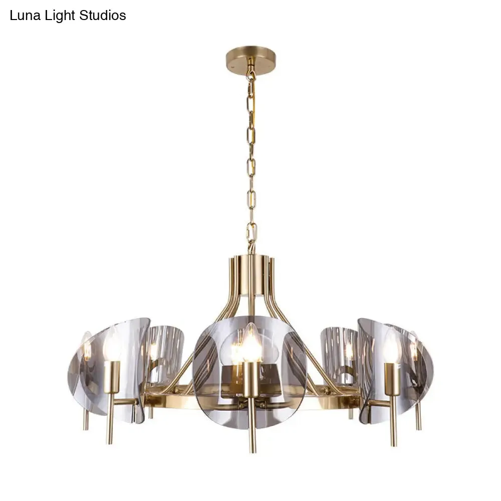 Mid-Century Curved Glass Chandelier Lamp - Open Bulb Design, Gold Hanging 6/8-Bulb Fixture