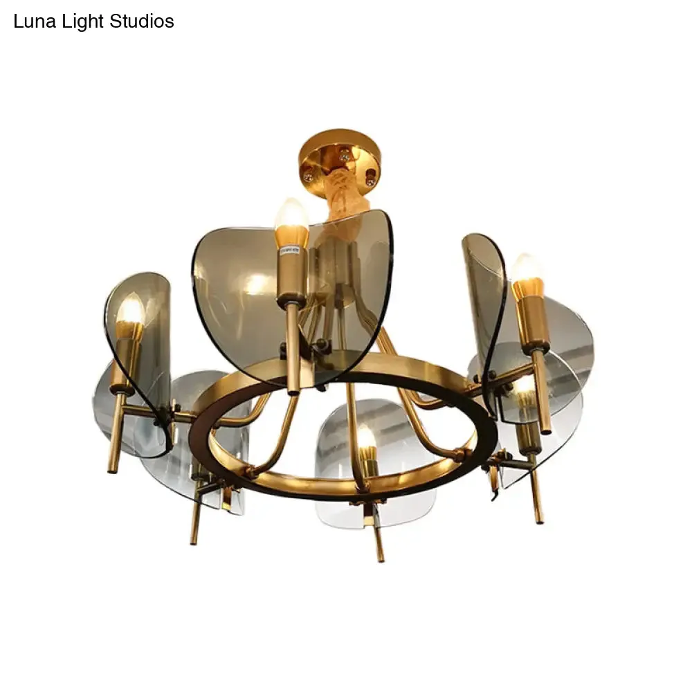 Mid-Century Curved Glass Chandelier Lamp - Open Bulb Design, Gold Hanging 6/8-Bulb Fixture