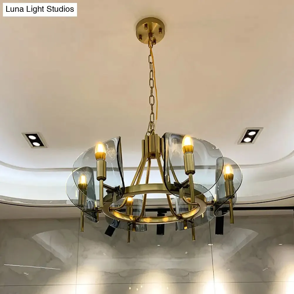 Mid-Century Curved Glass Chandelier Lamp - Open Bulb Design, Gold Hanging 6/8-Bulb Fixture