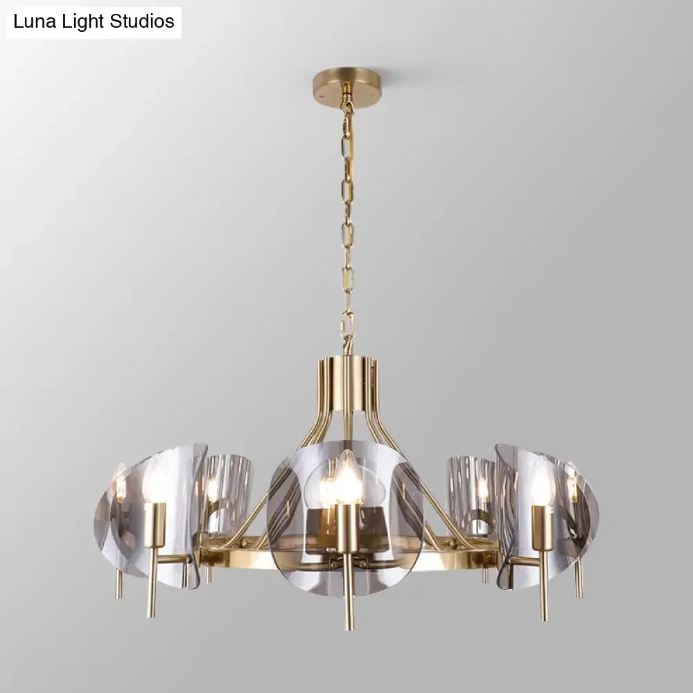 Mid-Century Curved Glass Chandelier Lamp - Open Bulb Design, Gold Hanging 6/8-Bulb Fixture