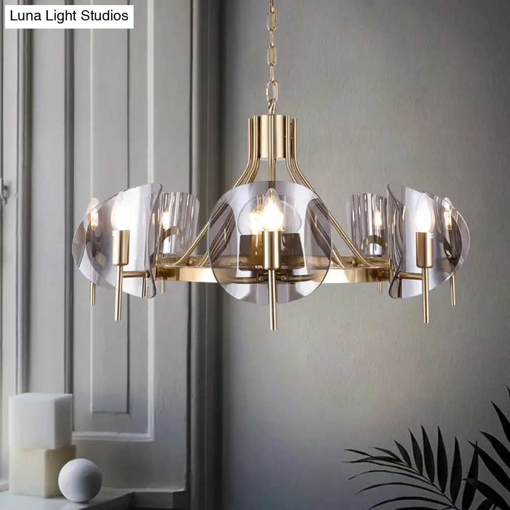 Mid-Century Curved Glass Chandelier Lamp - Open Bulb Design, Gold Hanging 6/8-Bulb Fixture