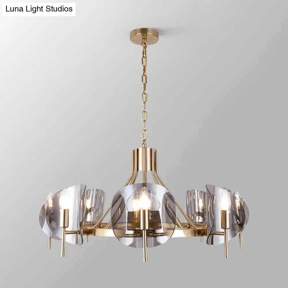 Mid-Century Curved Glass Chandelier Lamp - Open Bulb Design, Gold Hanging 6/8-Bulb Fixture