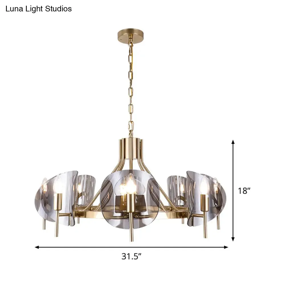 Mid-Century Curved Glass Chandelier Lamp - Open Bulb Design, Gold Hanging 6/8-Bulb Fixture