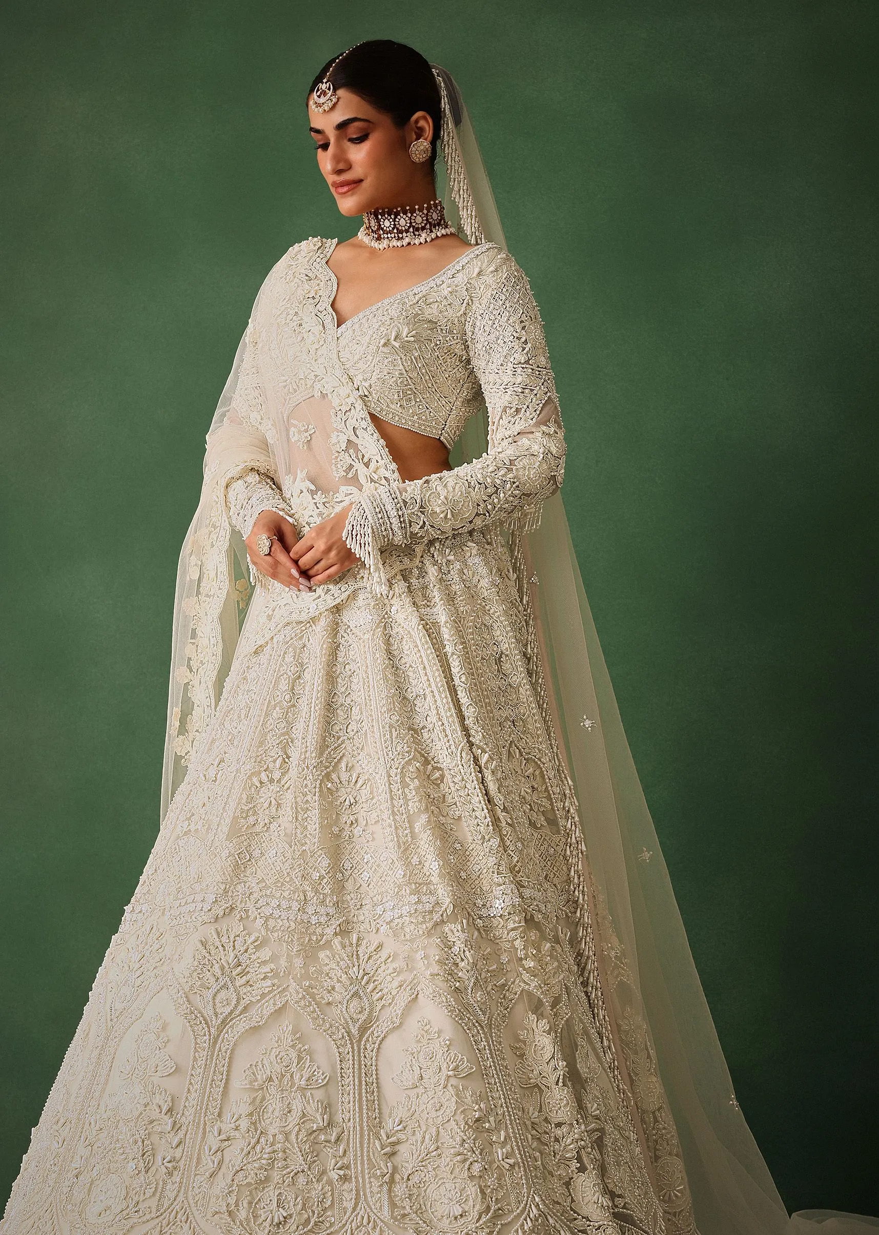 Off White Pearl Embroidered Lehenga Set With Dupatta