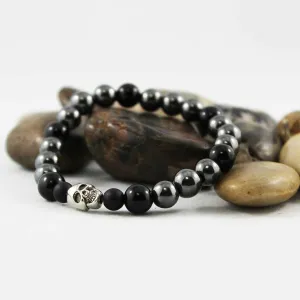 Onyx Hematite Bead Stretch Stacking Skull Bracelet