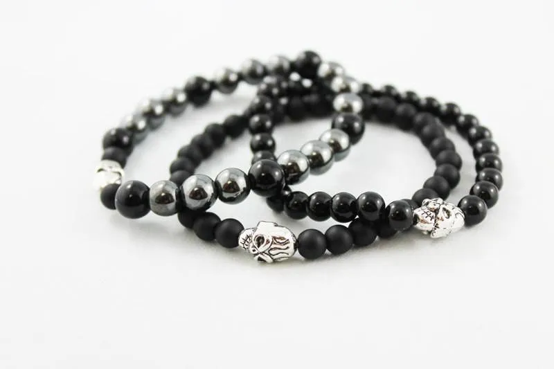 Onyx Hematite Bead Stretch Stacking Skull Bracelet