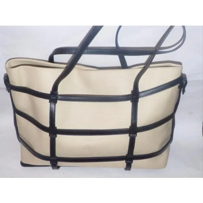 Salvatore Ferragamo Cutout With Insert Black Leatherivory Canvas Leathercanvas Satchel