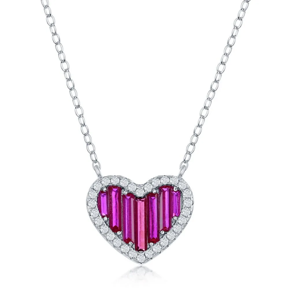Sterling Silver Round and Baguette CZ Heart Pendant Necklace
