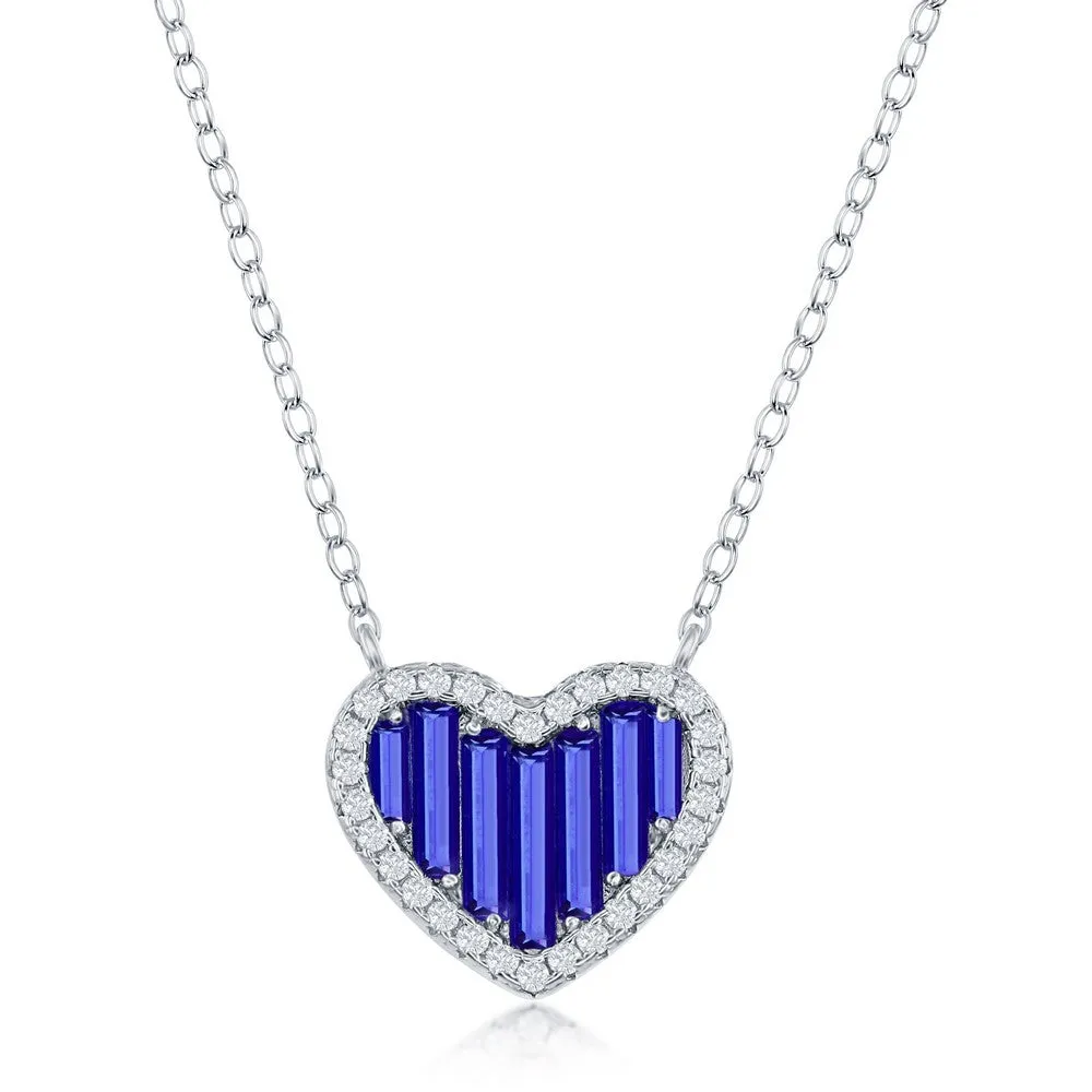 Sterling Silver Round and Baguette CZ Heart Pendant Necklace