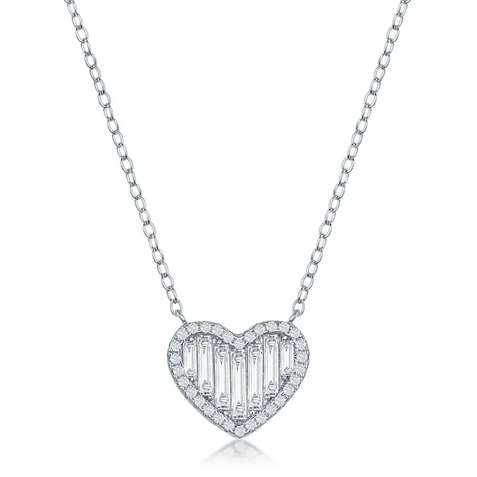 Sterling Silver Round and Baguette CZ Heart Pendant Necklace