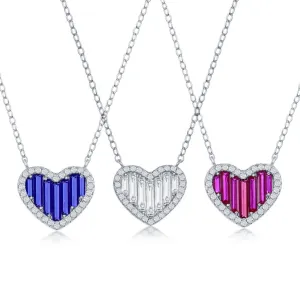 Sterling Silver Round and Baguette CZ Heart Pendant Necklace